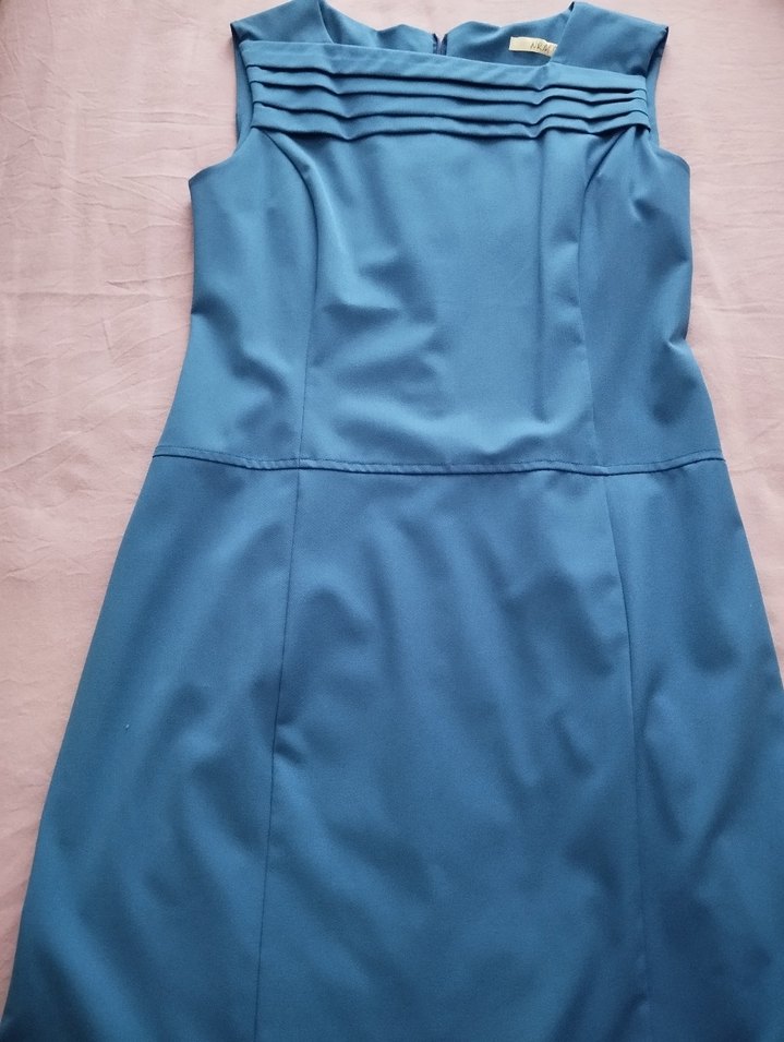 Mavi Pilili Midi Kolsuz Ofis Elbisesi - Görsel 4