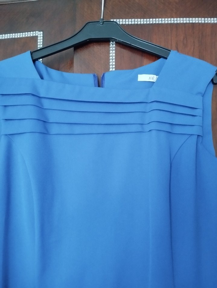 Mavi Pilili Midi Kolsuz Ofis Elbisesi - Görsel 2