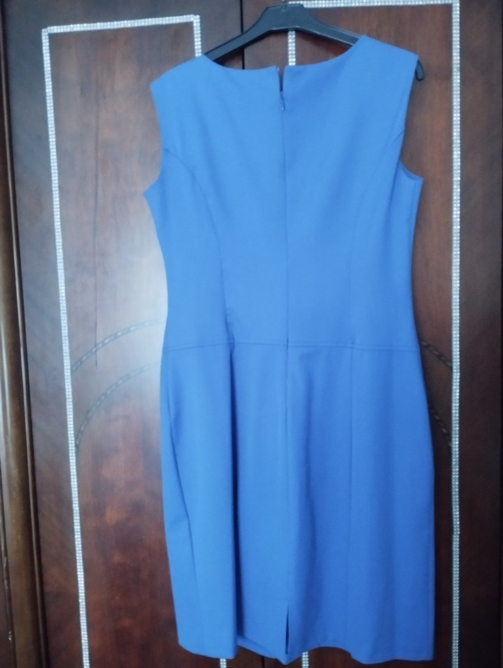 Mavi Pilili Midi Kolsuz Ofis Elbisesi - Görsel 3