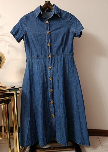 m Beden Düğmeli Lacivert Denim Midi Elbise