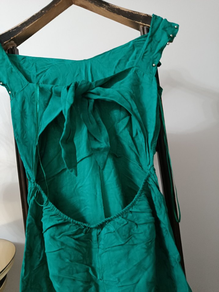 Uzun Drapeli Yeşil Bohem Kadın Elbise - Görsel 3