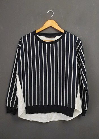 Zara ~ Çizgili Pilili Gri-Beyaz Kadın Sweatshirt