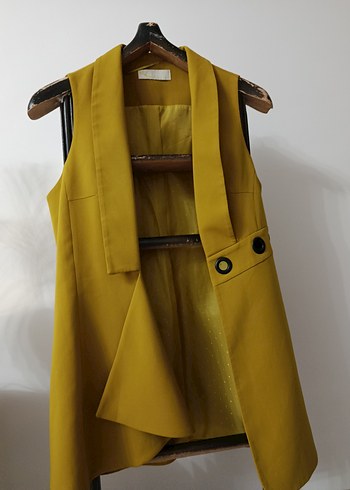 Sarı Düğmeli Kadın Uzun Yelek - Görsel 8