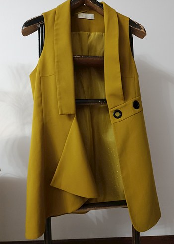 Sarı Düğmeli Kadın Uzun Yelek - Görsel 2