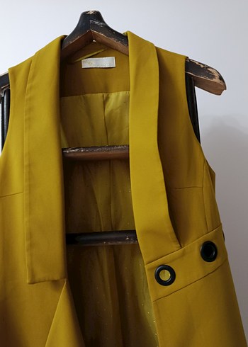 Sarı Düğmeli Kadın Uzun Yelek - Görsel 6