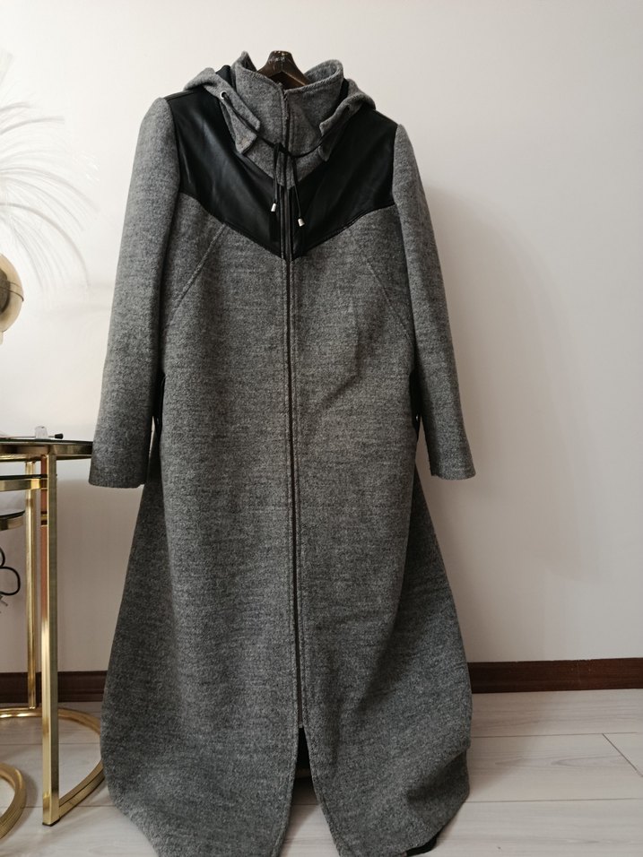 Gri Uzun Yünlü Hamile Kabanı - Görsel 5