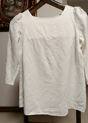 Düğmeli Beyaz Keten Kadın Bluz - Görsel 3