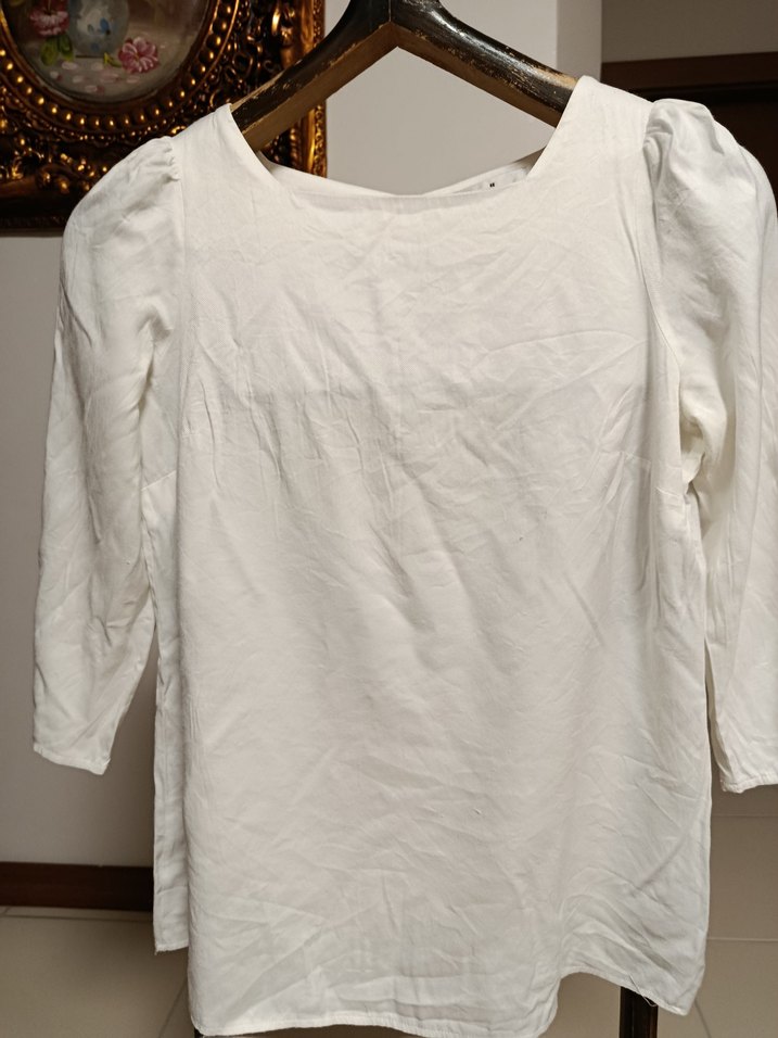 Düğmeli Beyaz Keten Kadın Bluz - Görsel 5