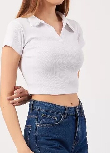 Sheinside beyaz polo yaka fitilli crop 