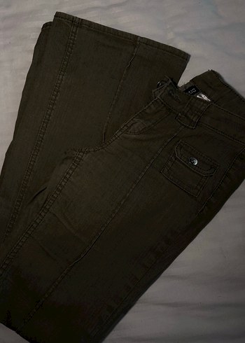 Düğmeli haki düşük bel bol baça Kadın Pantolon - Görsel 2