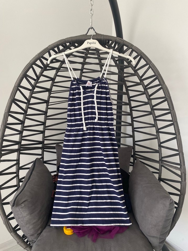 Mavi Çizgili Askılı Midi Elbise - Görsel 4