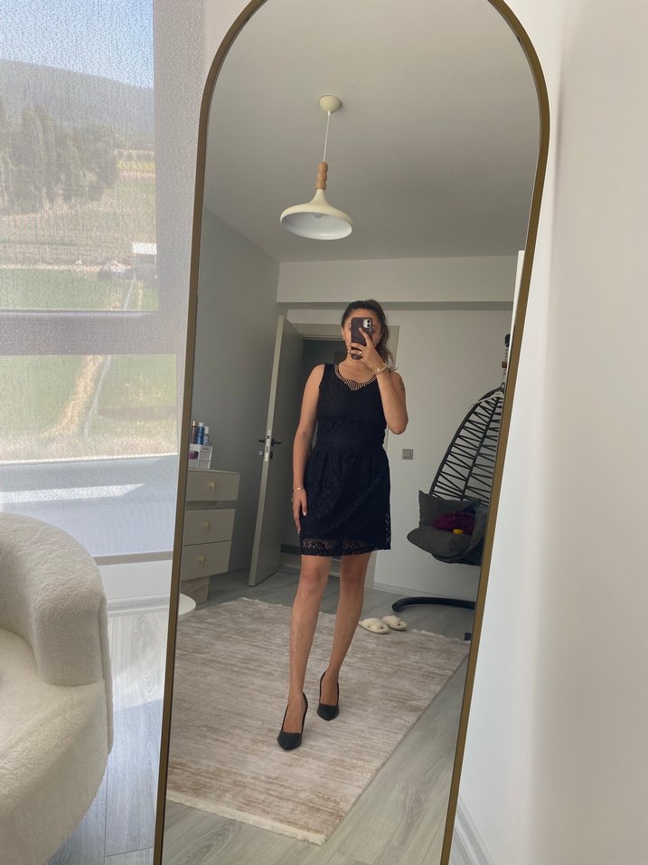 Siyah Dantel Midi Straplez Gotik Elbise - Görsel 4