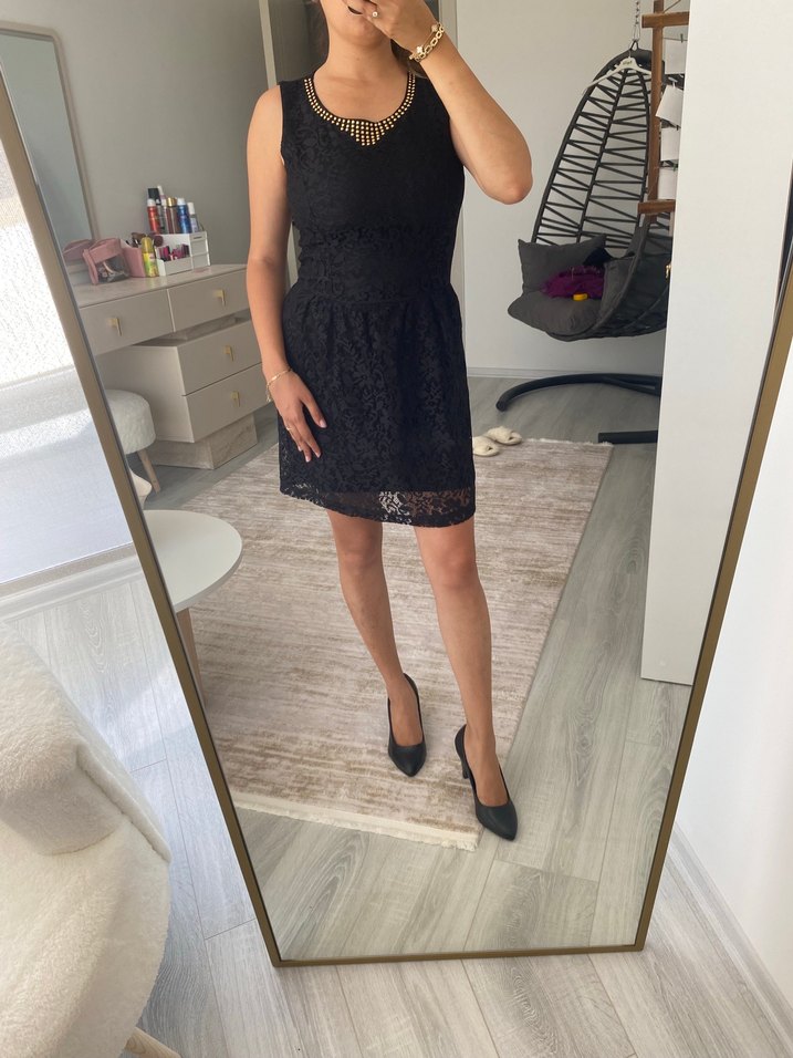 Siyah Dantel Midi Straplez Gotik Elbise - Görsel 3