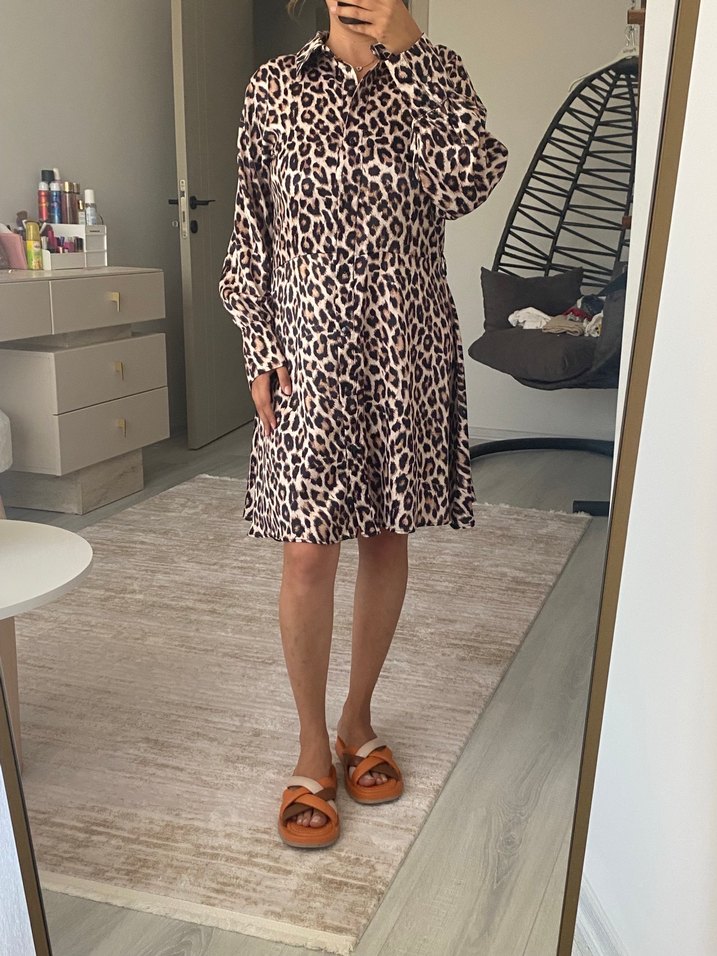 Kahverengi Leopar Desenli Kadın Elbise - Görsel 2