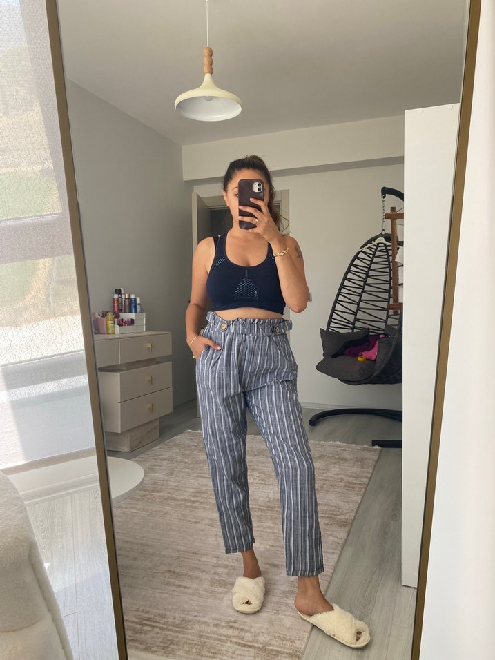 Düğmeli Mavi Zebra Desenli Keten Kadın Espadril - Görsel 3