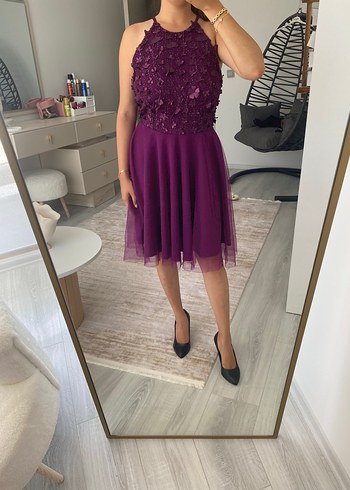 Mor Nakışlı Straplez Midi Abiye Elbise - Görsel 4