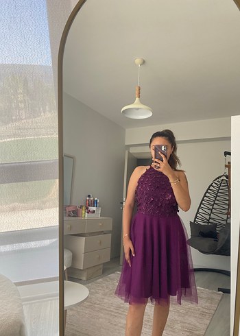 Mor Nakışlı Straplez Midi Abiye Elbise - Görsel 3