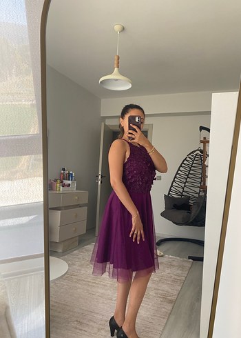 Mor Nakışlı Straplez Midi Abiye Elbise - Görsel 5