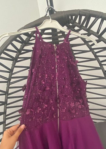 Mor Nakışlı Straplez Midi Abiye Elbise - Görsel 8