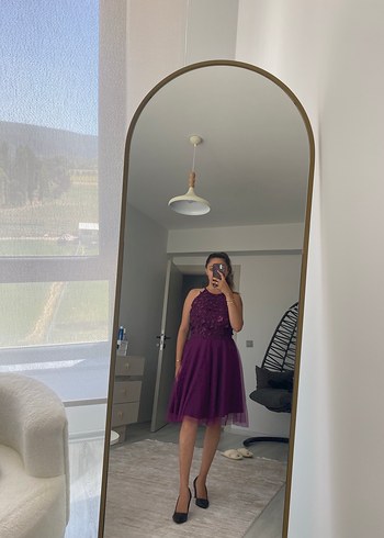 Mor Nakışlı Straplez Midi Abiye Elbise - Görsel 2