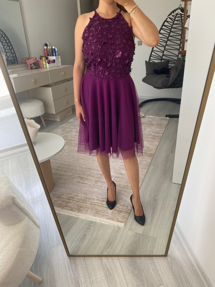 Mor Nakışlı Straplez Midi Abiye Elbise - Görsel 4