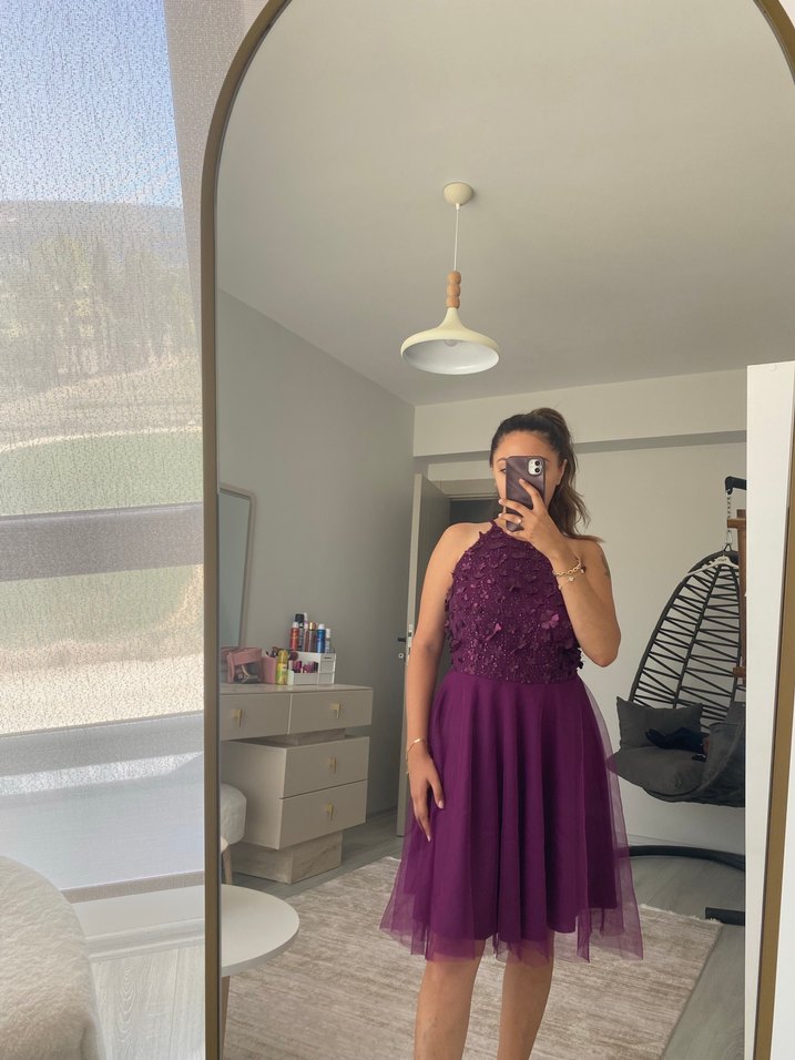 Mor Nakışlı Straplez Midi Abiye Elbise - Görsel 3