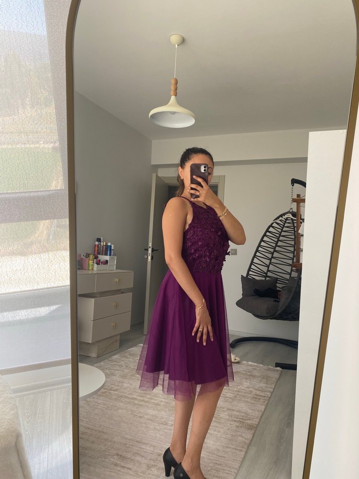 Mor Nakışlı Straplez Midi Abiye Elbise - Görsel 5