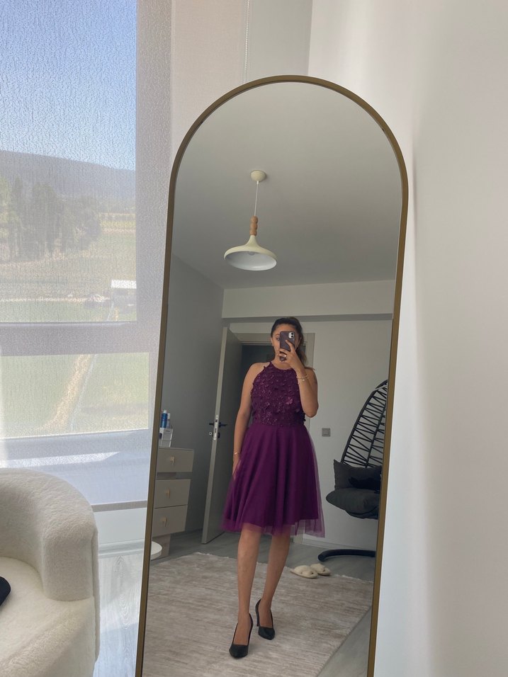 Mor Nakışlı Straplez Midi Abiye Elbise - Görsel 2