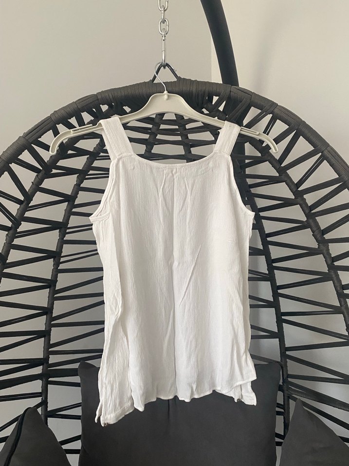 Beyaz, Askılı, Salaş Keten Bluz - Görsel 3