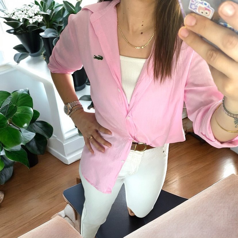 Açık Pembe Düğmeli V Yaka Kadın Gömlek - Görsel 2