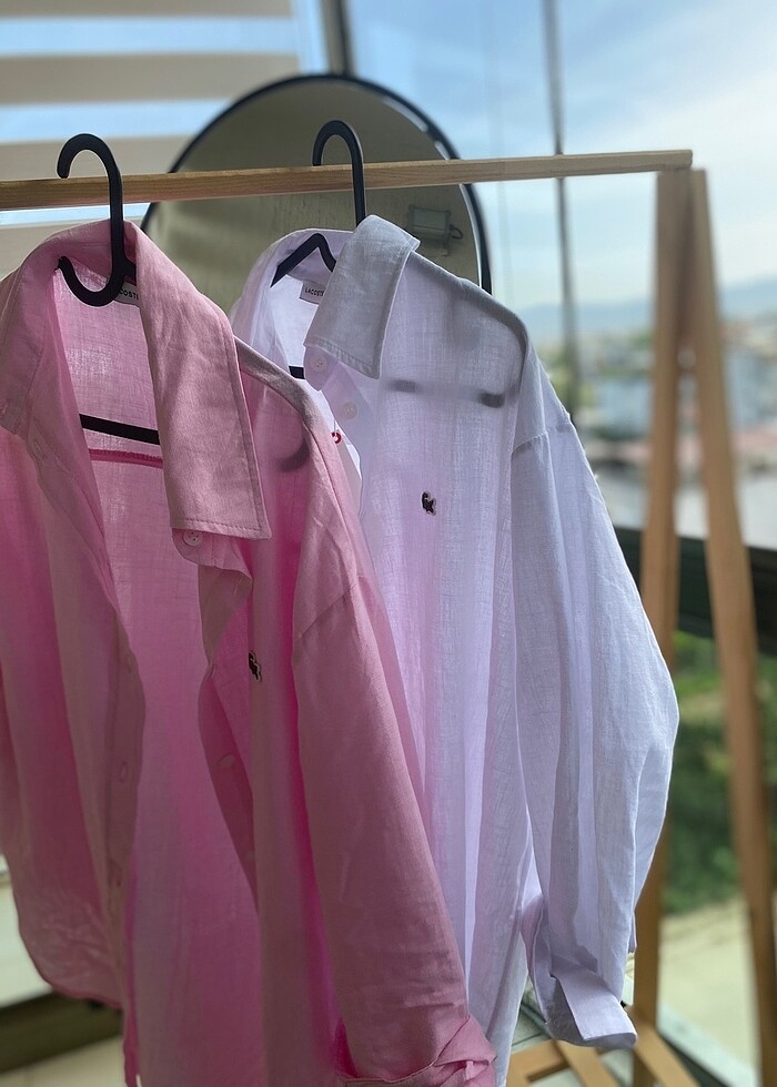 Keten lacoste Gömlek pembe beyaz S m L beden - Görsel 2