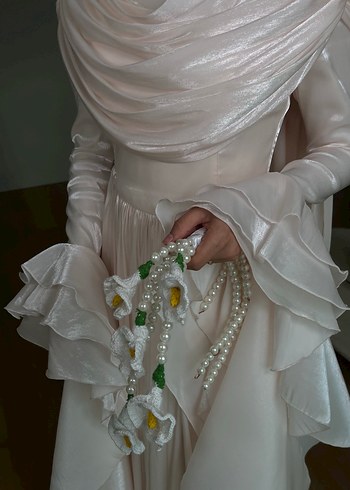 Beyaz Drapeli Uzun Kollu Nişan Elbisesi Nikah elbisesi