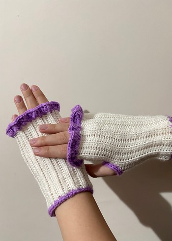 El Örgüsü Mor Detaylı Beyaz Örgü Kadın Eldiven - Görsel 5