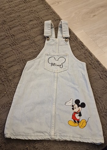 Gri Mickey Mouse Baskılı Kız Denim Elbise