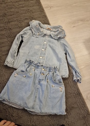 Diğer Nakışlı Gri Denim Kız Elbisesi