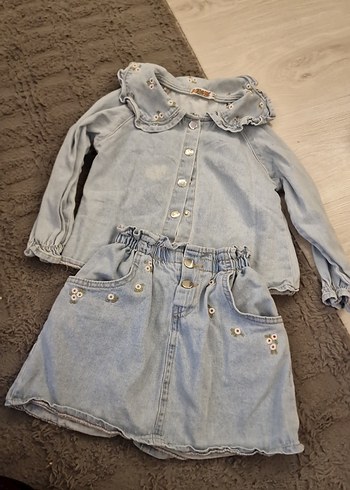 Nakışlı Gri Denim Kız Elbisesi