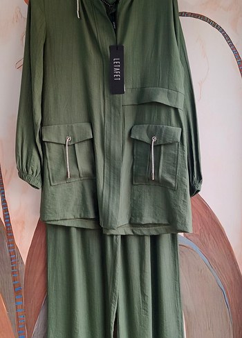 Kadın Haki Uzun Oversize Keten Takım
