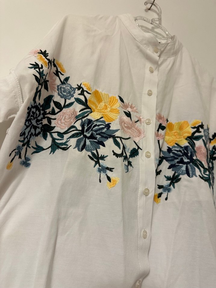 Nakışlı Beyaz Pamuklu Bohem Kadın Gömlek - Görsel 3
