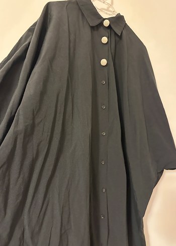 Düğmeli Siyah Keten Kadın yarasa kol Gömlek - Görsel 3