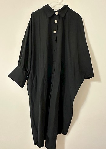 Düğmeli Siyah Keten Kadın yarasa kol Gömlek - Görsel 2