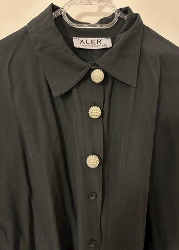 Düğmeli Siyah Keten Kadın yarasa kol Gömlek - Görsel 5