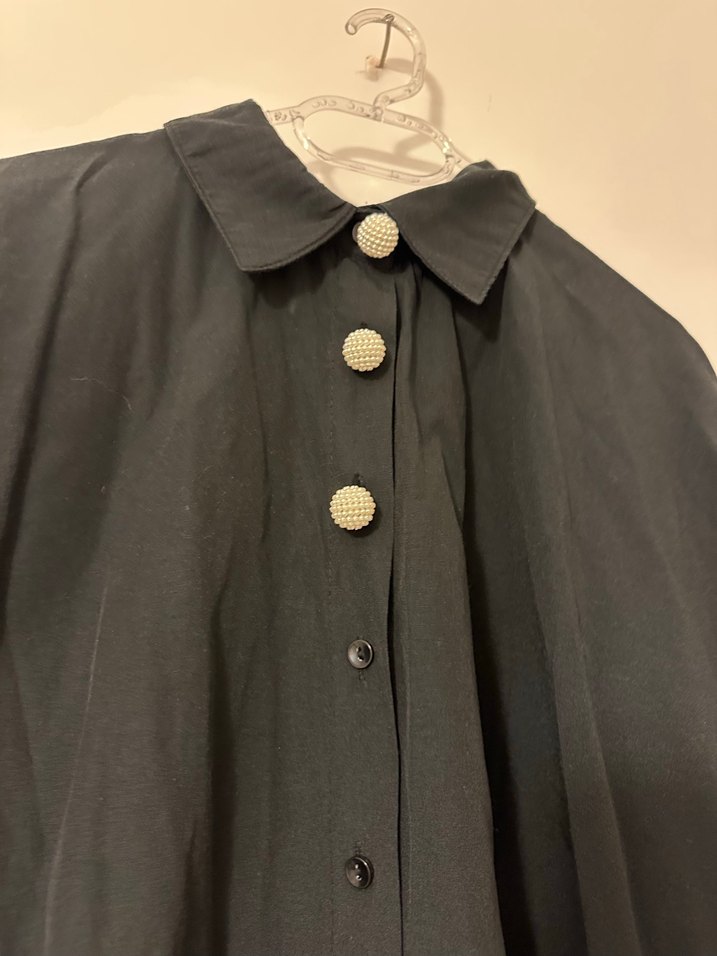 Düğmeli Siyah Keten Kadın yarasa kol Gömlek - Görsel 4