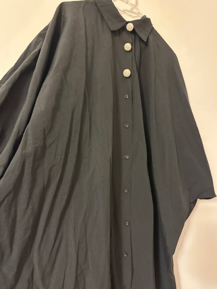 Düğmeli Siyah Keten Kadın yarasa kol Gömlek - Görsel 3