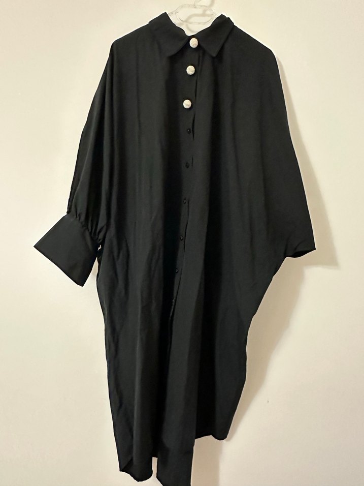 Düğmeli Siyah Keten Kadın yarasa kol Gömlek - Görsel 2