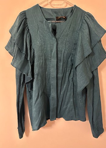 Uzun Kollu Pliseli Turkuaz Keten Bluz - Görsel 3