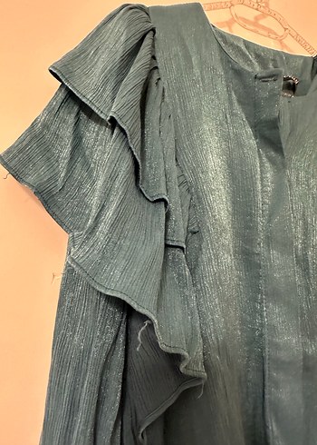 Uzun Kollu Pliseli Turkuaz Keten Bluz - Görsel 4