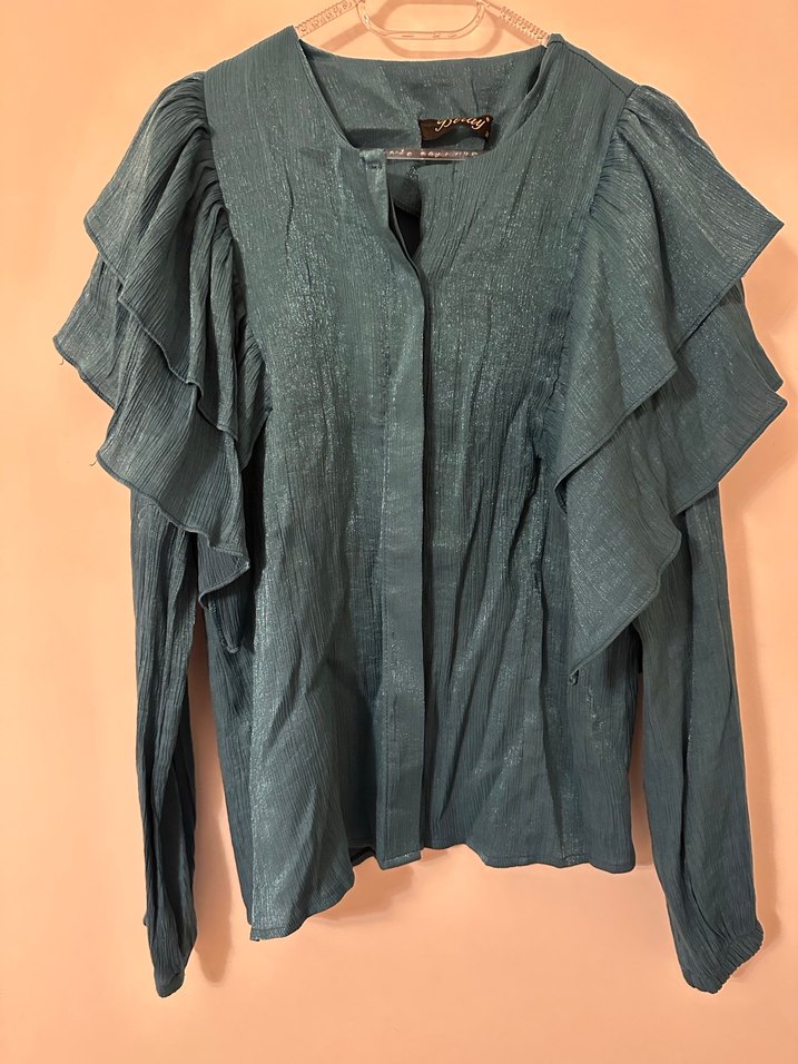 Uzun Kollu Pliseli Turkuaz Keten Bluz - Görsel 3