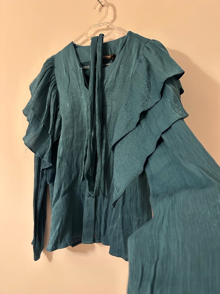 Uzun Kollu Pliseli Turkuaz Keten Bluz - Görsel 2