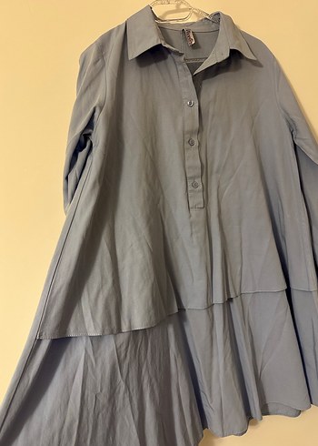 Mavi Keten Düğmeli Kadın Gömlek - Görsel 3