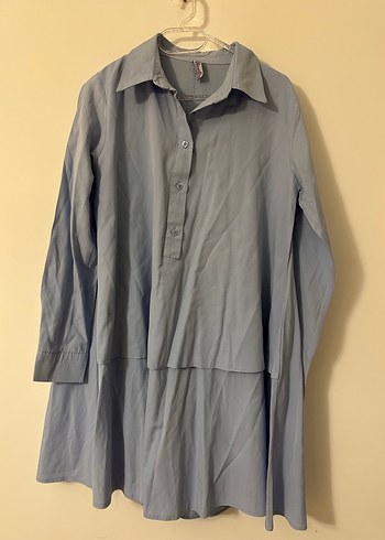 Mavi Keten Düğmeli Kadın Gömlek - Görsel 2